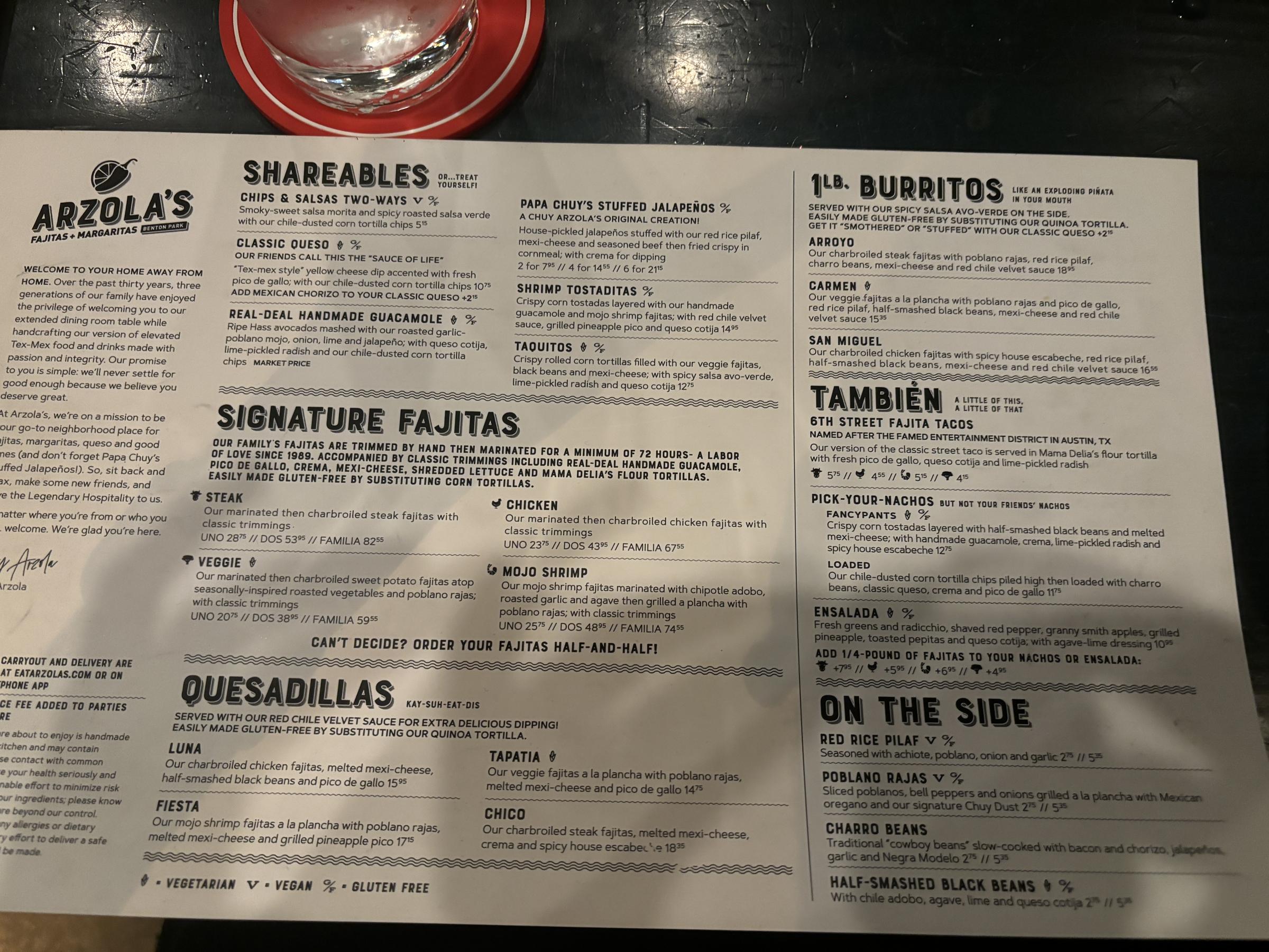 Arzolas Fajitas + Margaritas menu
