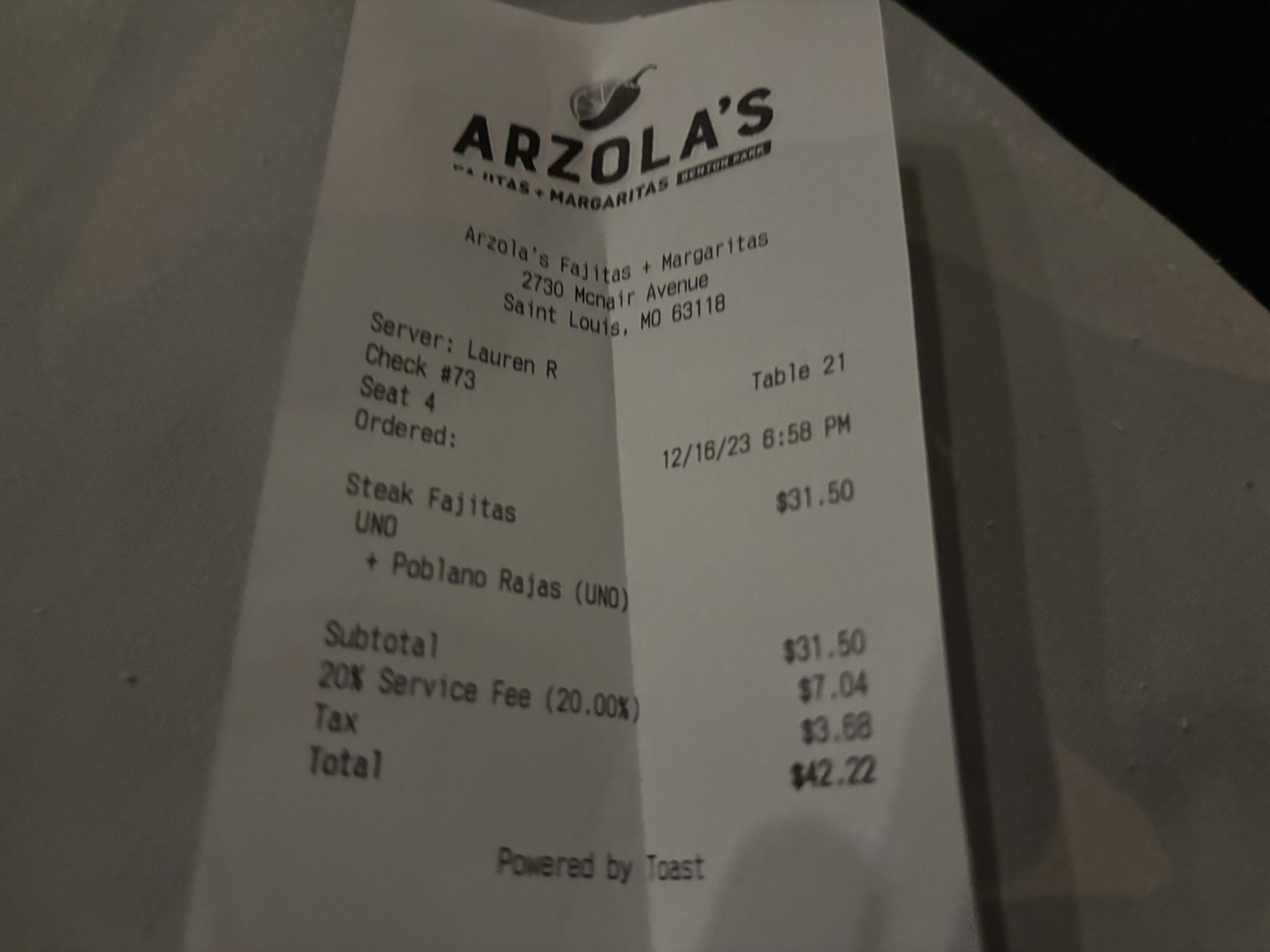 Arzolas Fajitas + Margaritas receipt