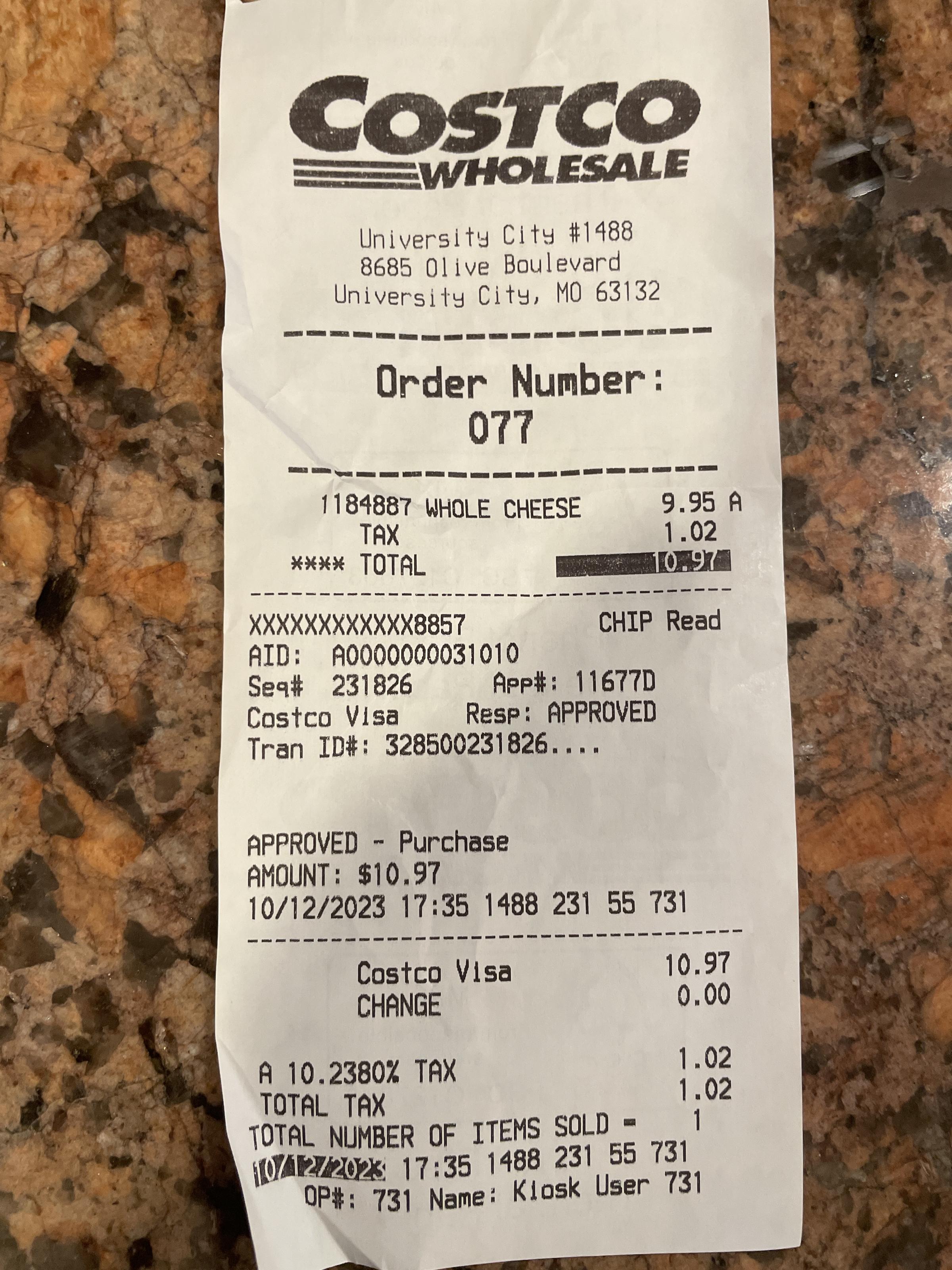 Costco Pizza receipt