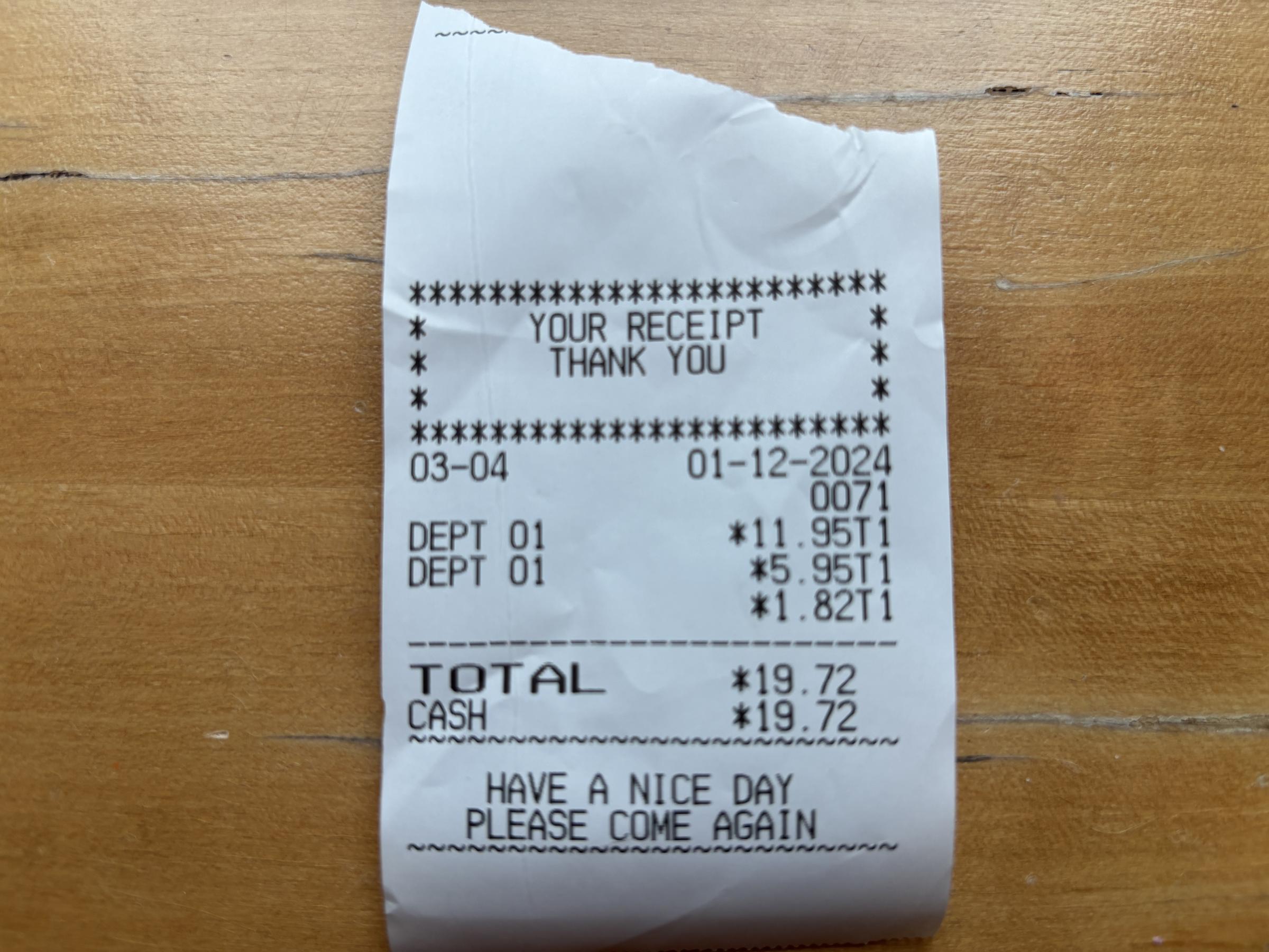 Eovaldi's Deli receipt