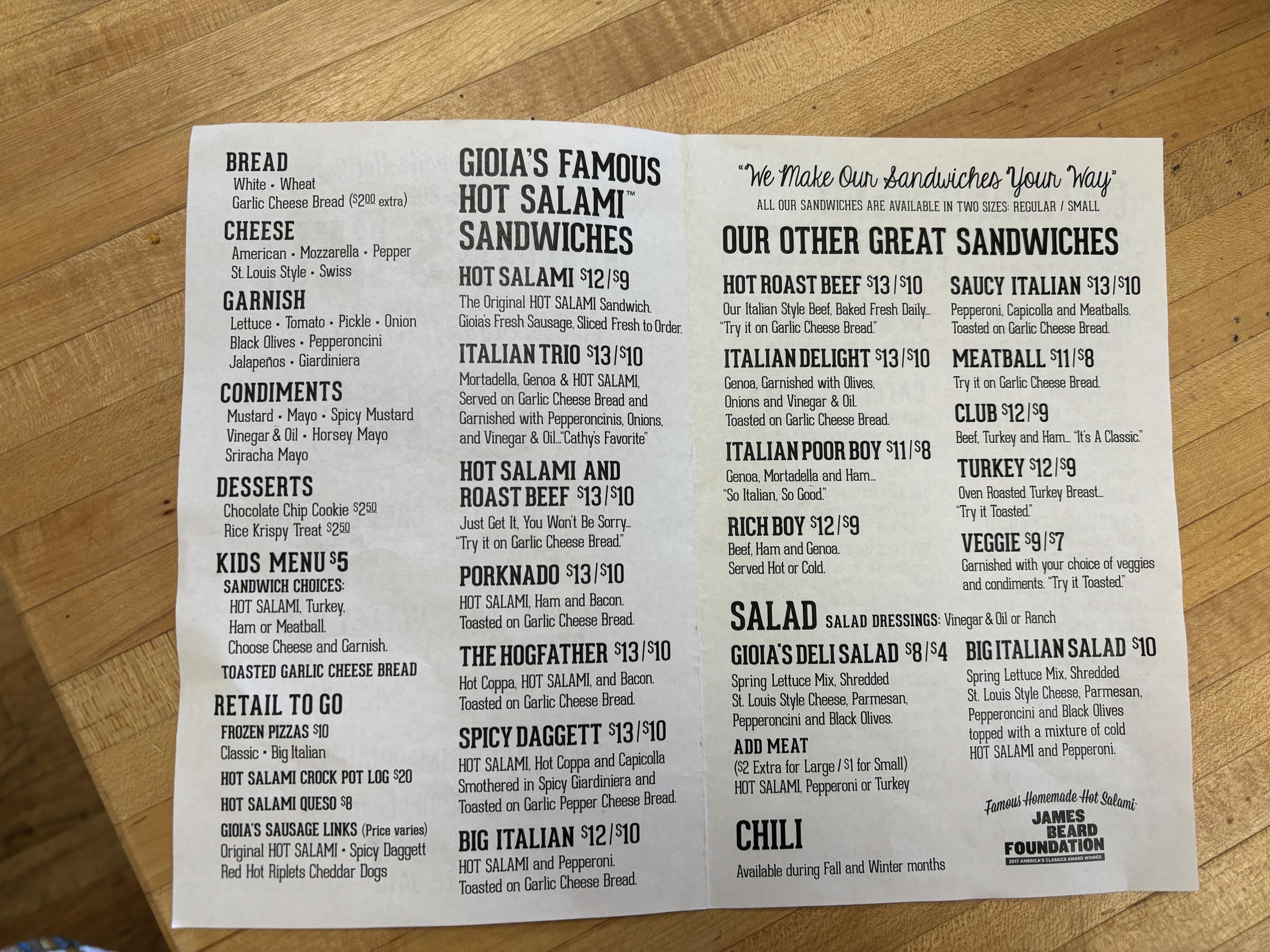 Gioia's Deli menu