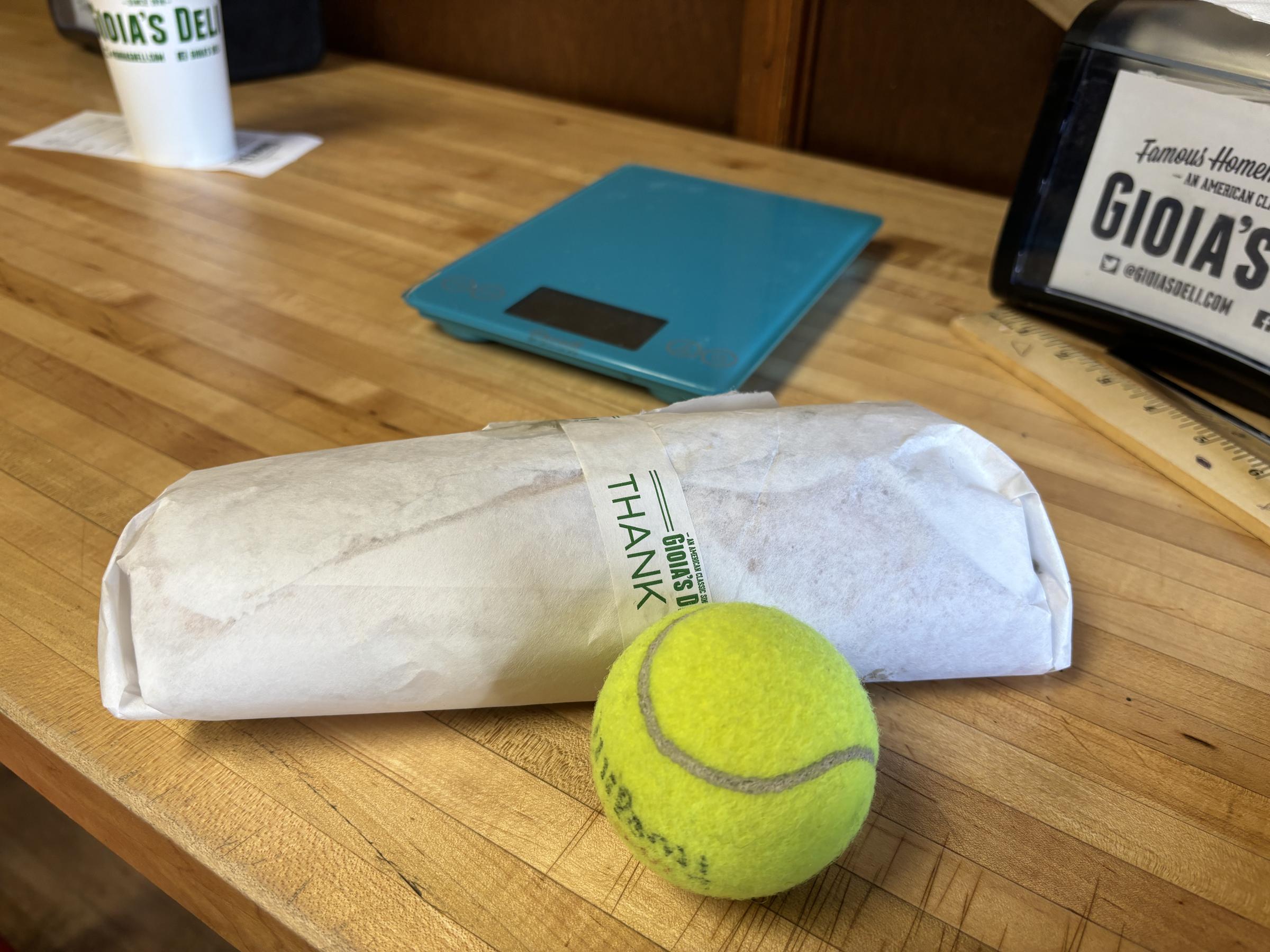 Gioia's Deli sandwich vs tennis ball size
