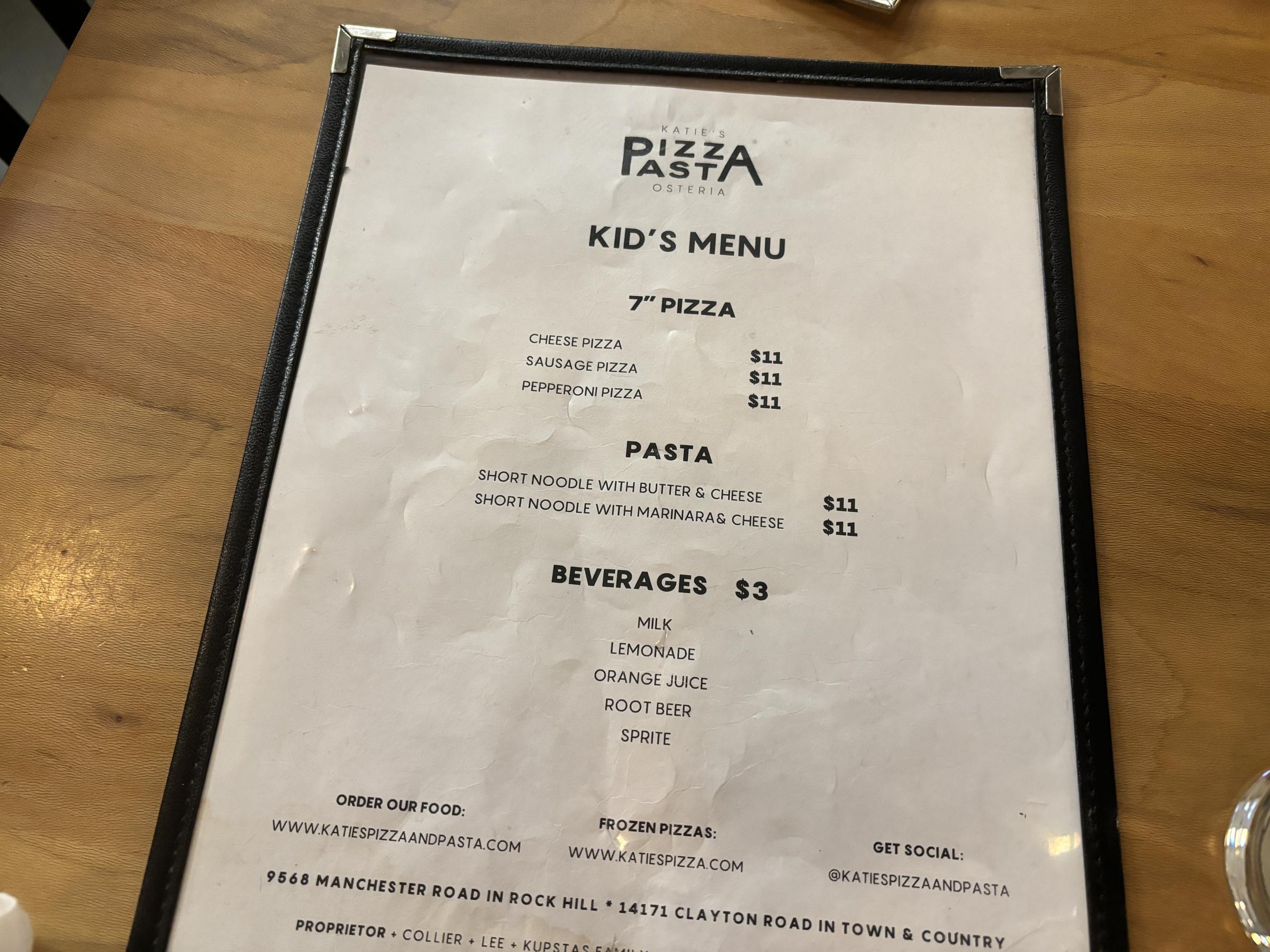 Katie's Pizza And Pasta kids menu