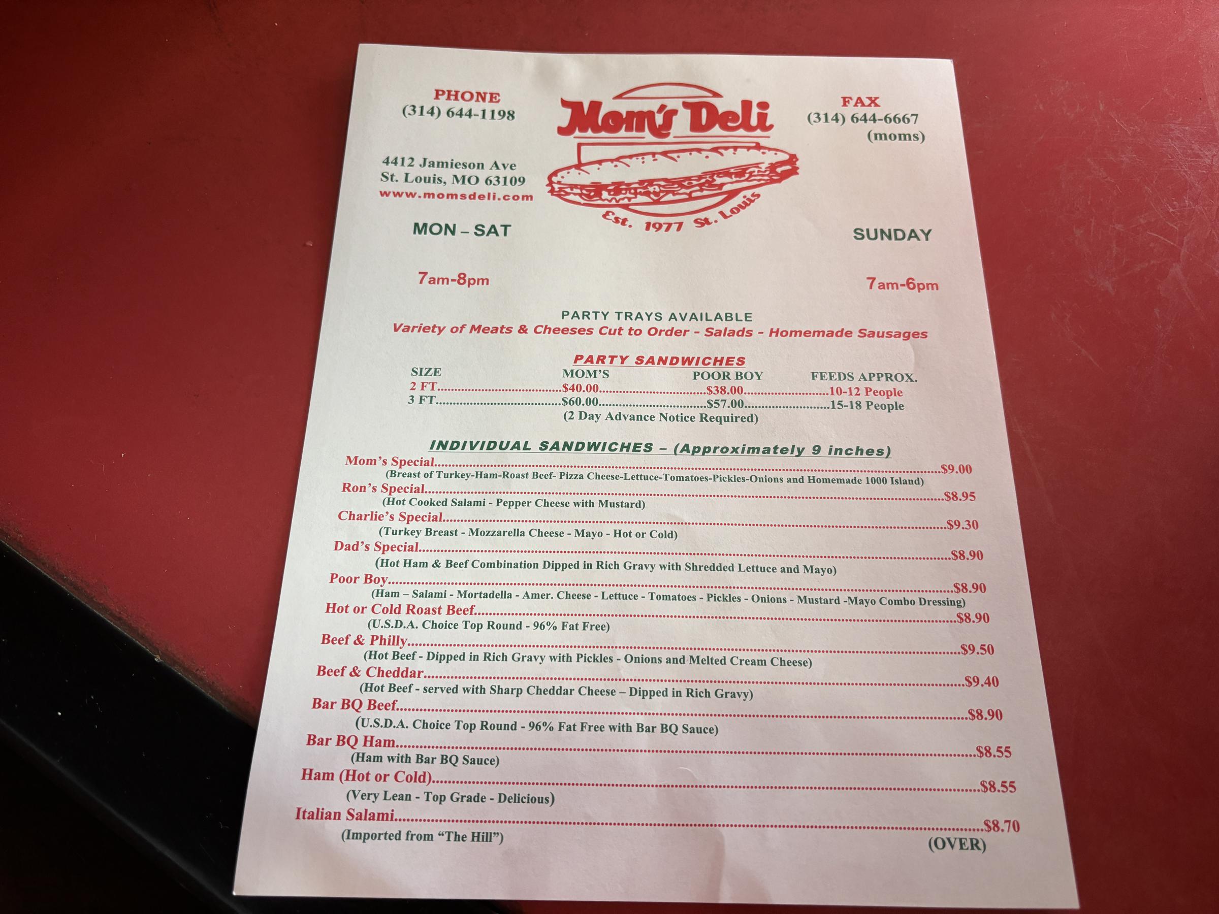 Mom's Deli menu front