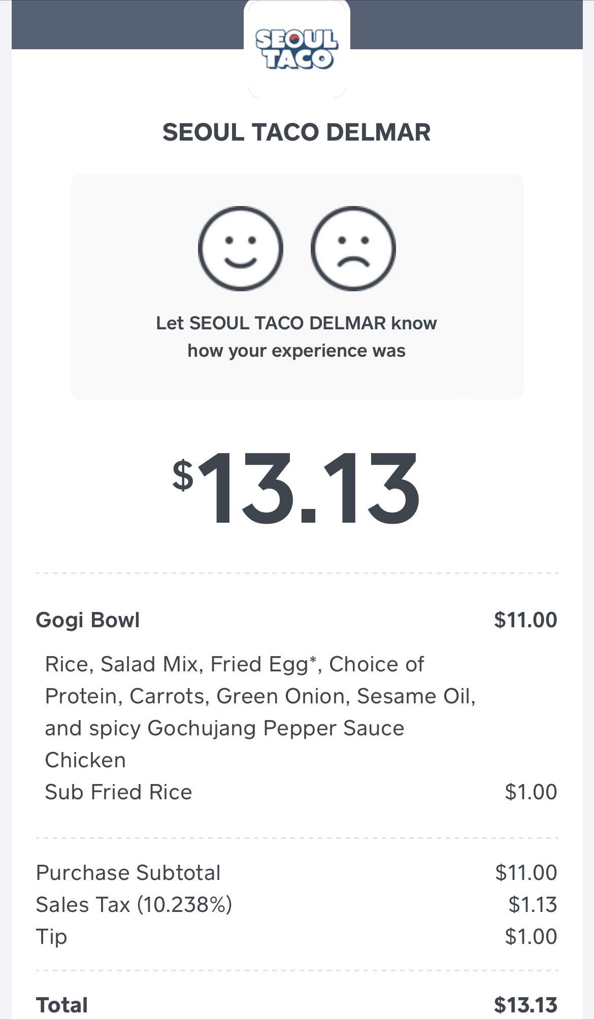 Seoul Taco receipt