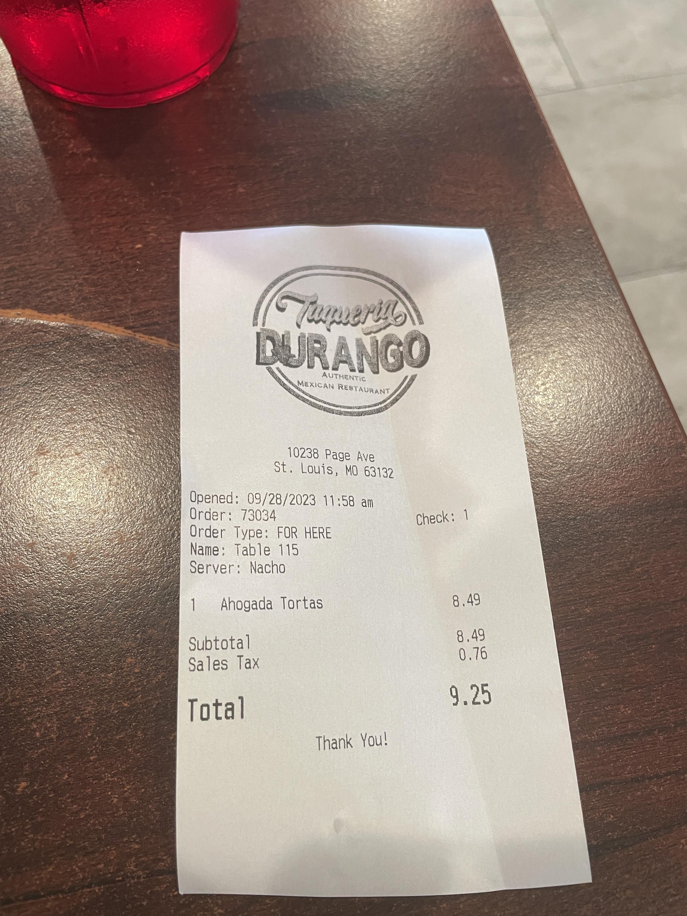 Taqueria Durango receipt