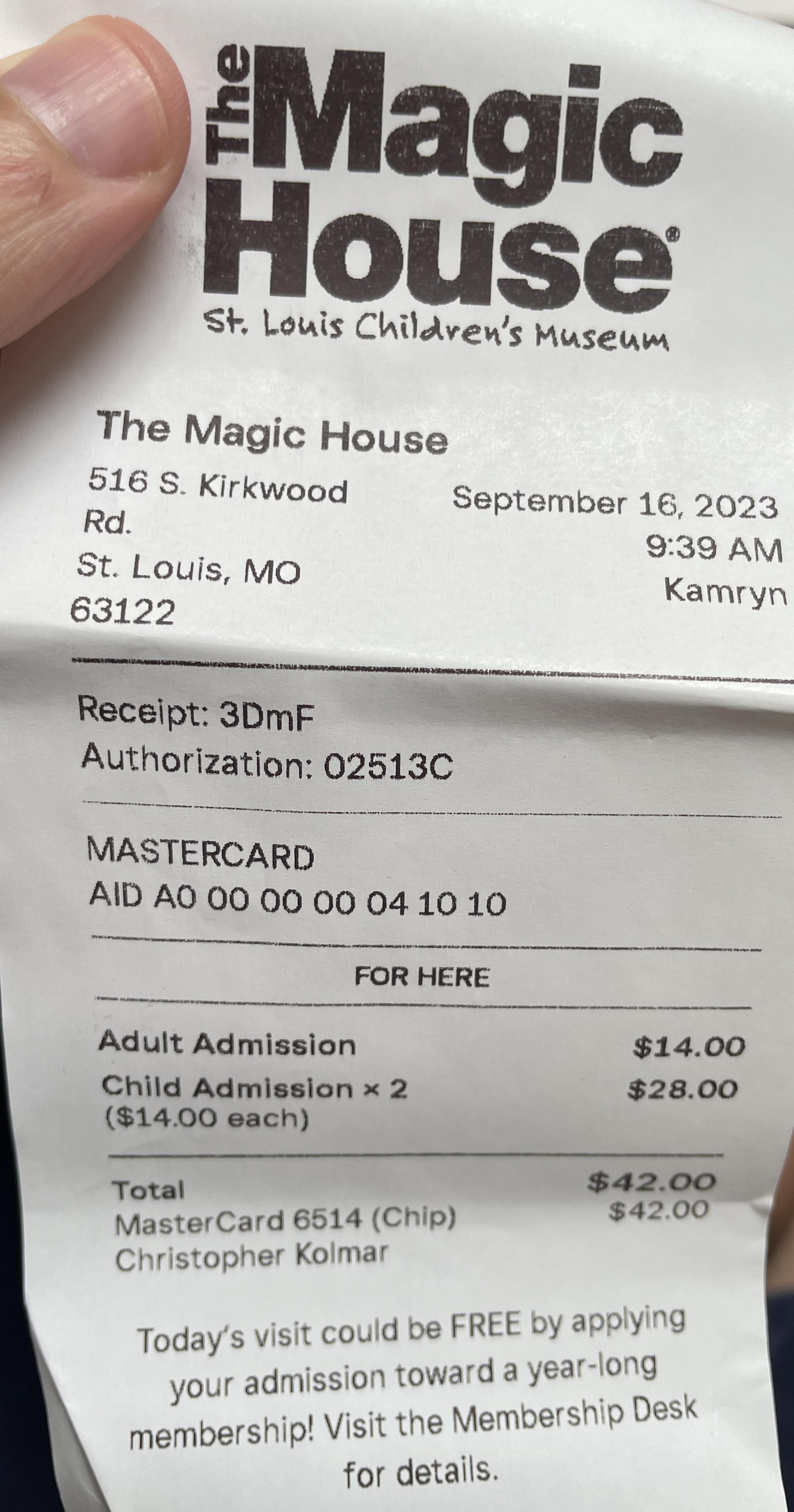 The Magic House Receipt