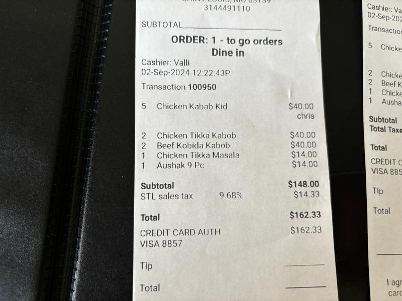 Afghan Kebob House receipt