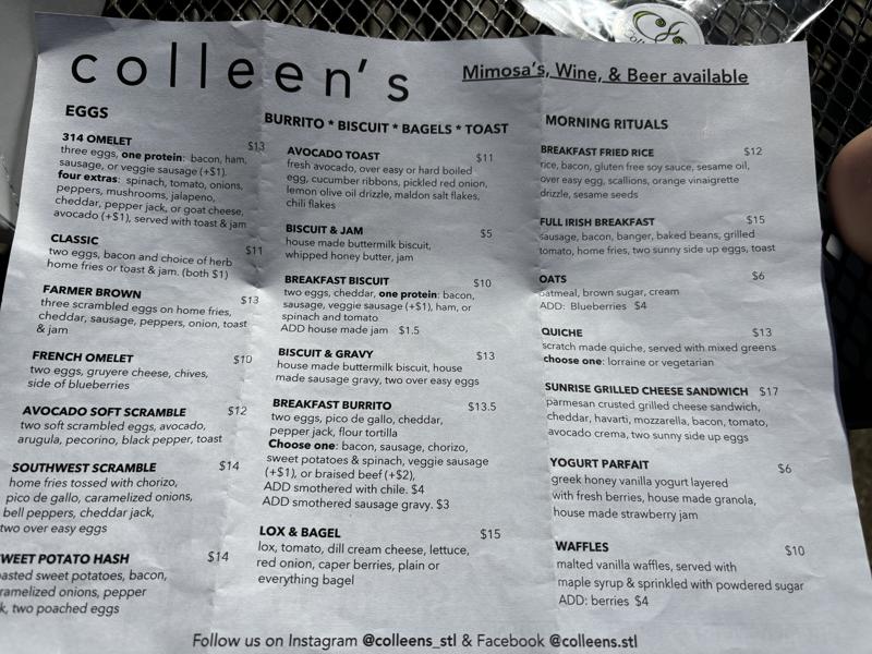 Colleens Cafe breakfast menu