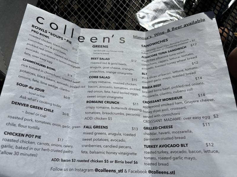 Colleens Cafe lunch menu