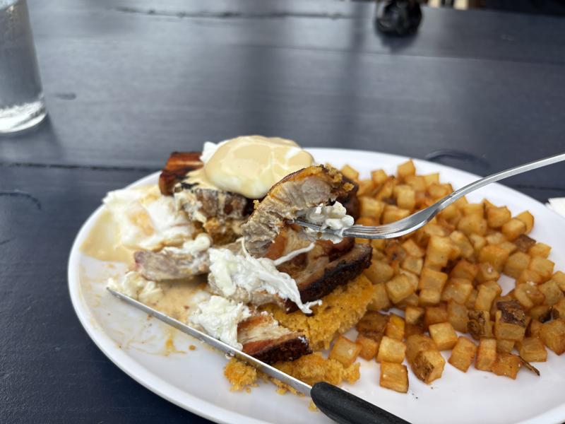 Egg At Midtown pork belly side example bite