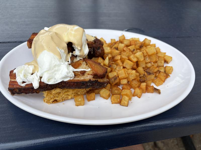 Egg At Midtown smoked pork belly cornbread benedict