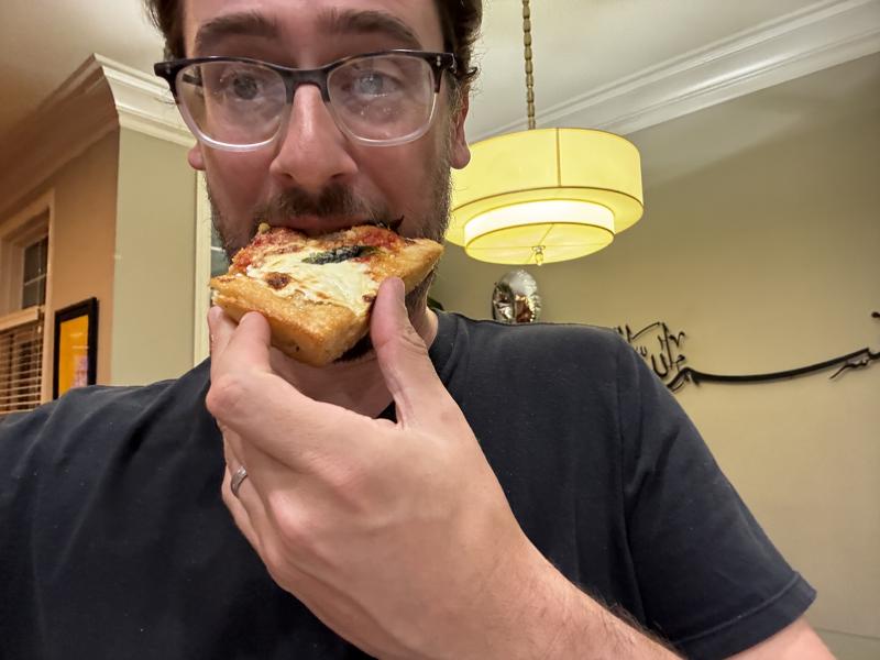 Motor Town Pizza Detroit style pizza selfie bite