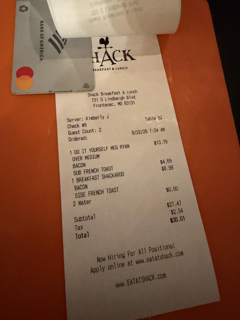 Shack Breakfast & Lunch receipt