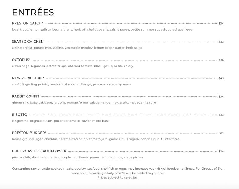 The Preston dinner menu